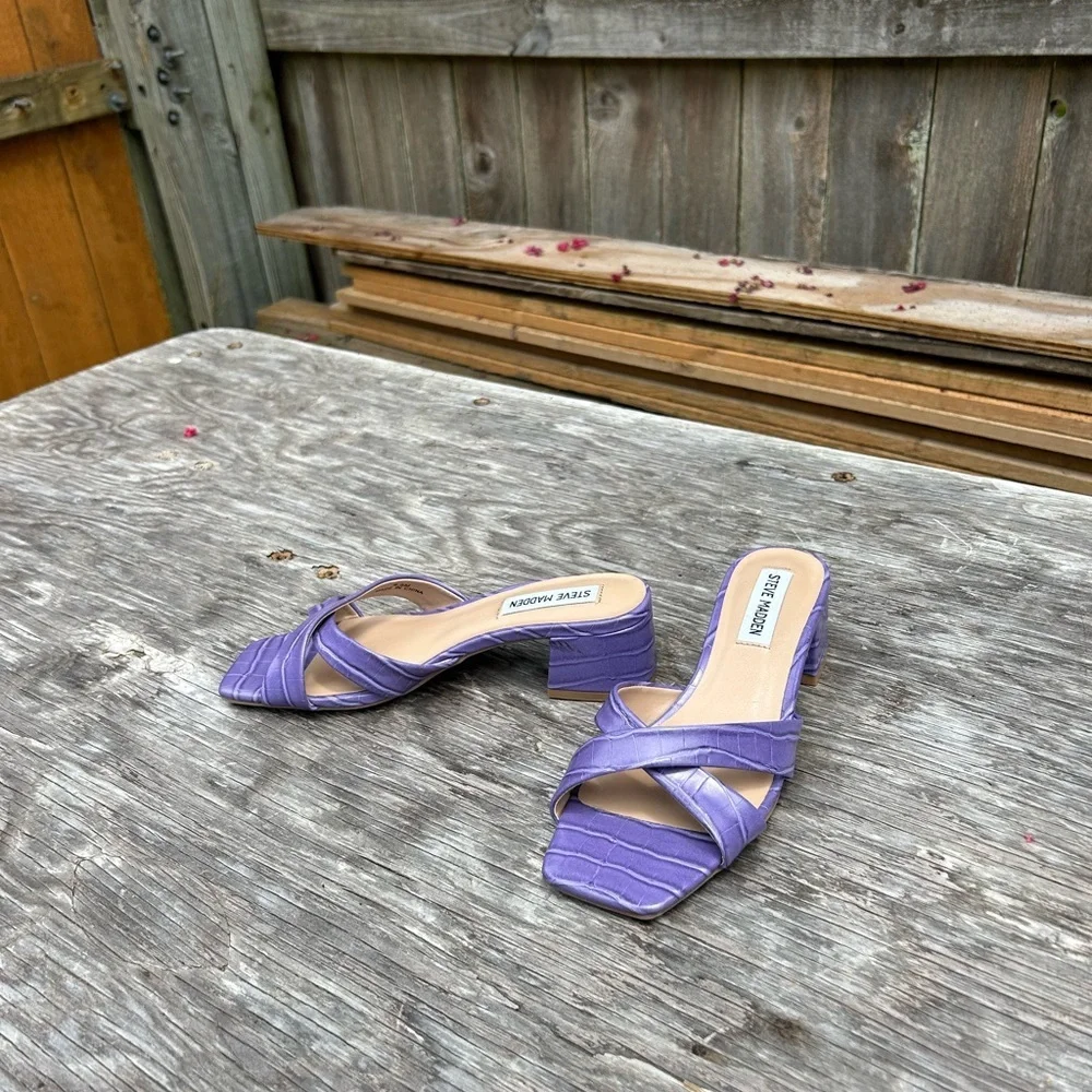 Steve Madden Women Gaia Block Heel Slide Sandals Size 6.5 Violet‎ Faux Leather